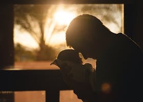 Silhouette of a father holding his newborn at sunset, highlighting love and connection.